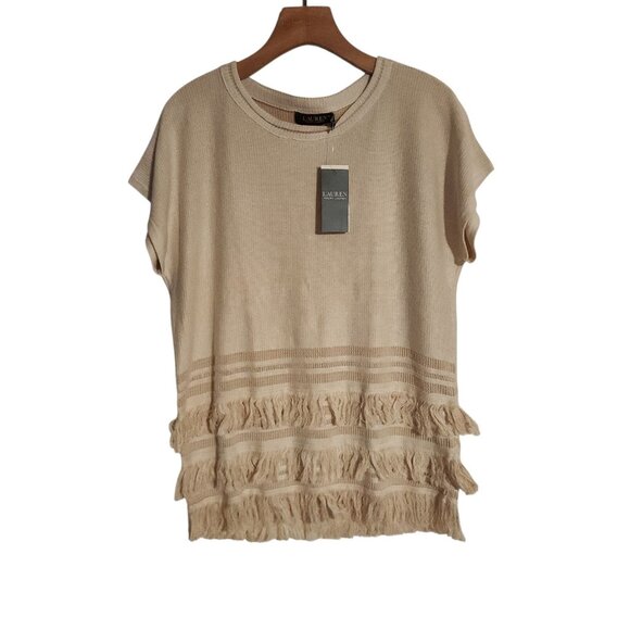Lauren Ralph Lauren Fringe Trim Top Sweater Cream Boho Festival Size Small NWT - Picture 1 of 16